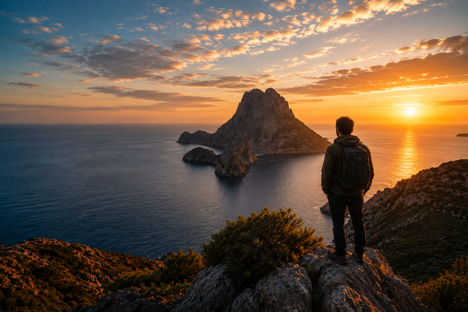 A hiker looking out over the sea toward Es Vedrà at sunset